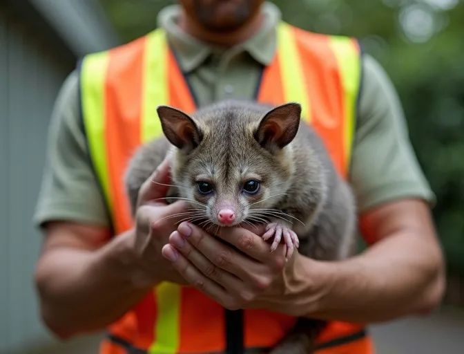 Animal handler safely recovering a deceased possum in Tecoma