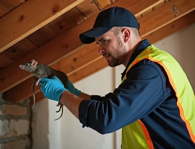 Technician inspecting a roof cavity for a dead rat in Tecoma